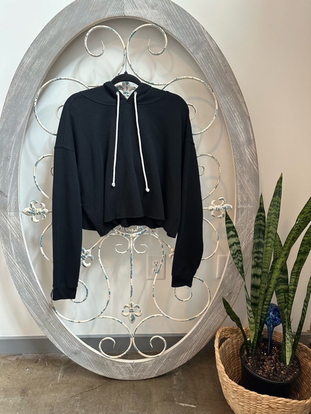 wild fable Black Cropped Hoodie with White Drawstrings